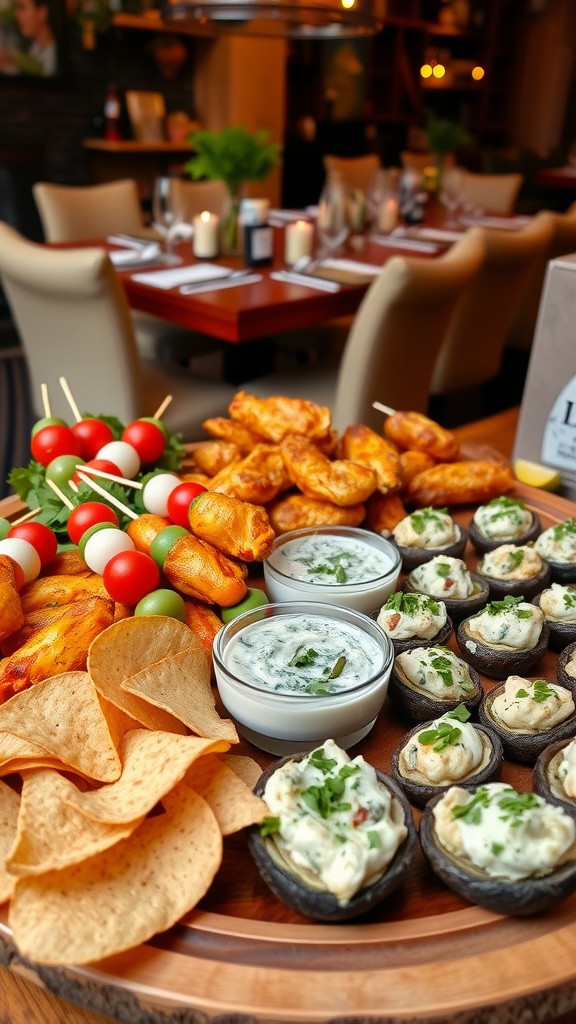 Exciting Finger Foods: A Perfect Appetizer List A festive assortment of appetizers including caprese skewers, chicken wings, stuffed mushrooms, and spinach dip on a wooden platter.